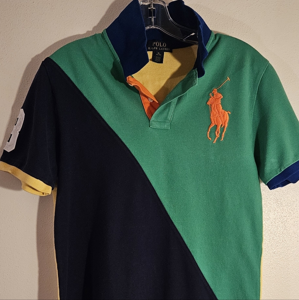 Polo by Ralph Lauren Green & Navy Rugby Polo with Orange Logo